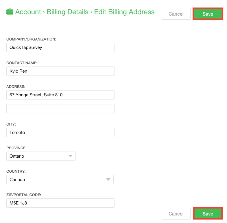 Update Billing Address QuickTapSurvey