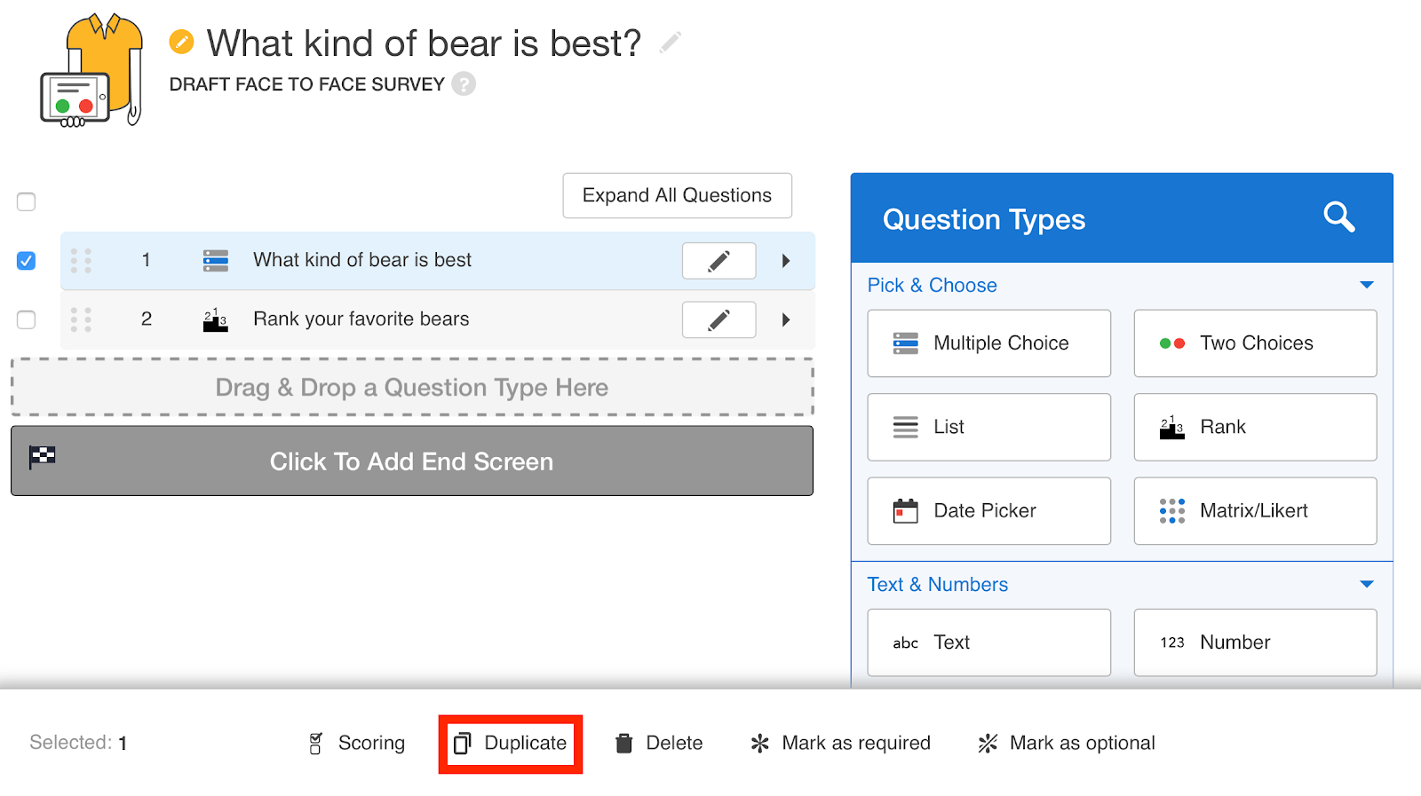 Duplicate a Question QuickTapSurvey