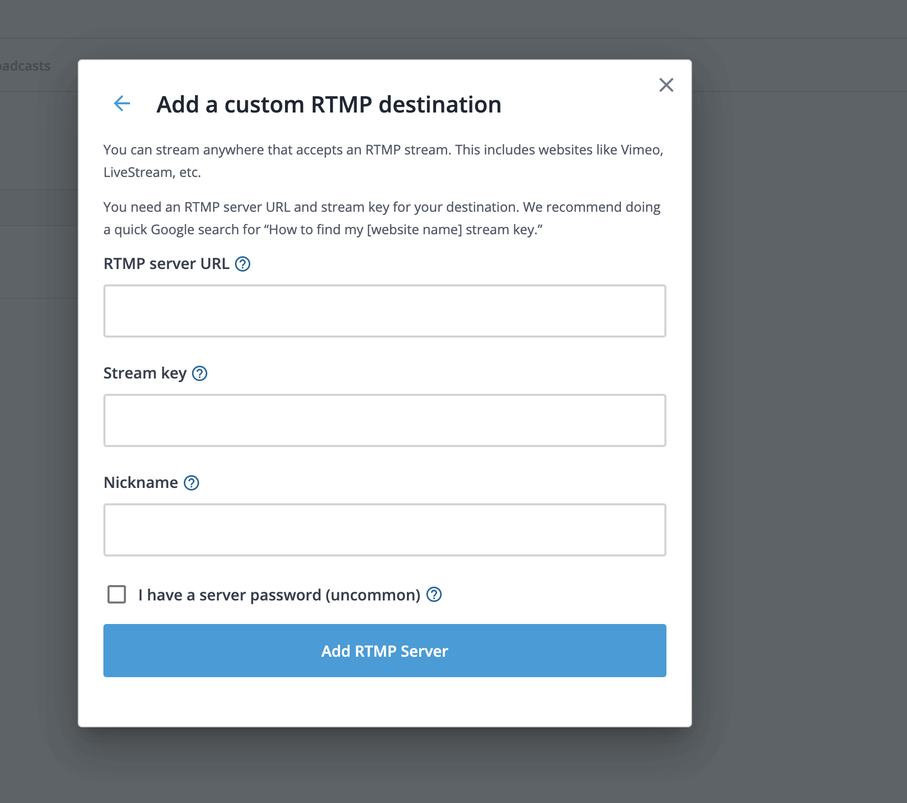 Arts Organization > I'm using Streamyard for live streaming. How do I set up my RTMP credentials