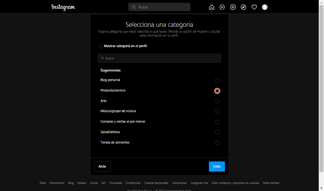 Select Producto/servicio