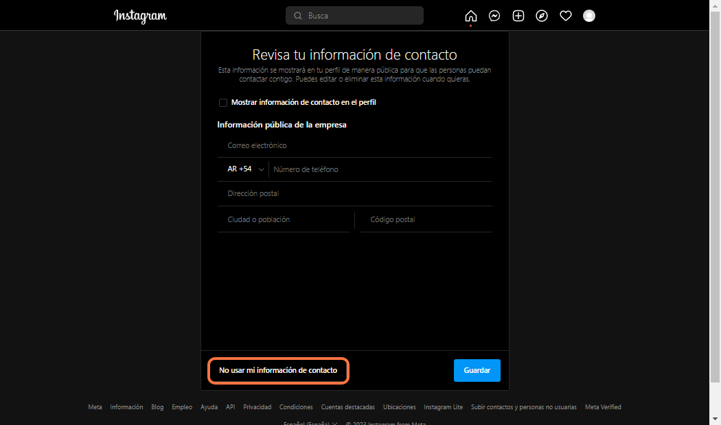 Click on No usar mi información de contacto