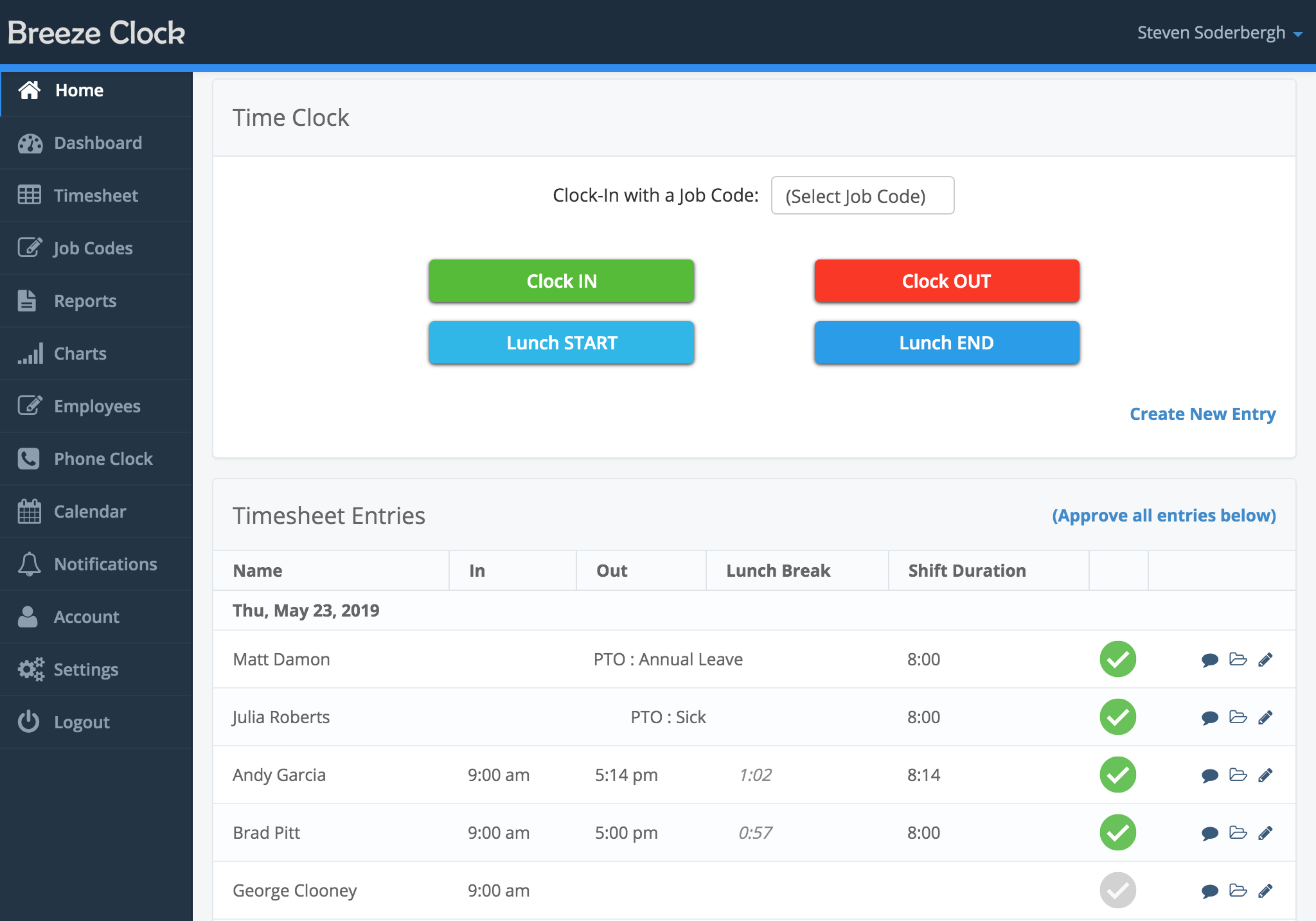 How do you clockin or edit time? Breeze Clock