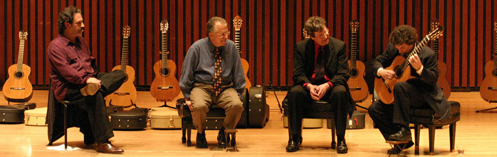 L. John Harris, Pepe Romero, Richard Brune and David Tanenbaum with guitars from The Harris Guitar Collection at Guitarrada V, 2009. homepage-hero