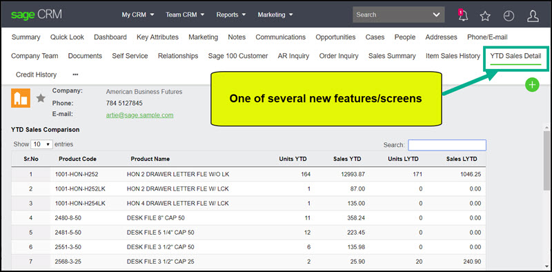 Sage 100 CRM new purchase history screen