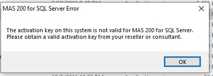 MAS 200 for SQL Server Error screenshot