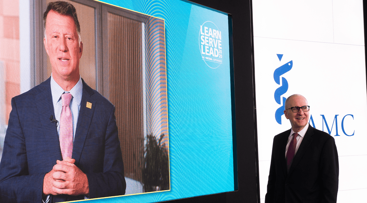 AAMC President and CEO David J. Skorton, MD, and AAMC Board Chair Joseph Kerschner, MD (on screen) spoke about the challenges facing academic medicine during the Leadership Plenary at Learn Serve Lead 2020.