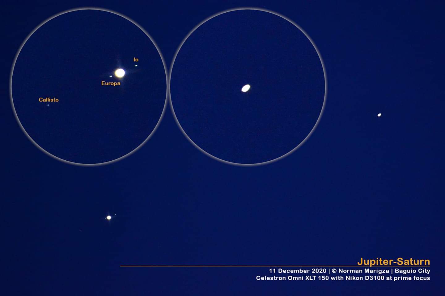 Separation from December 11 as seen through a Celestron Omni 150 XLT (F=750mm)