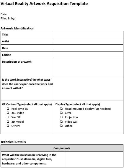 A screenshot of the first page of a VR Artwork Acquisition Template authored by Mark Hellar and Savannah Campbell in 2019