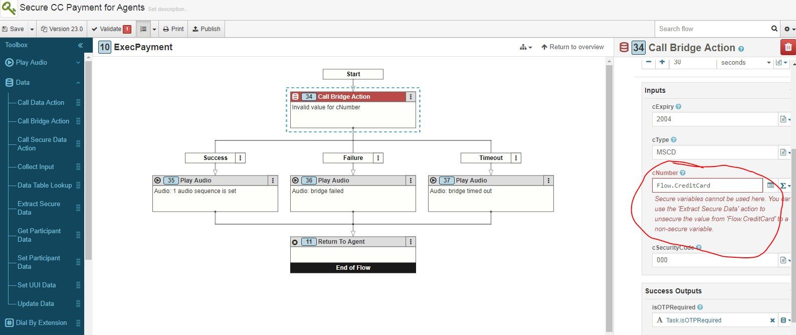 bridge action vs secure data
