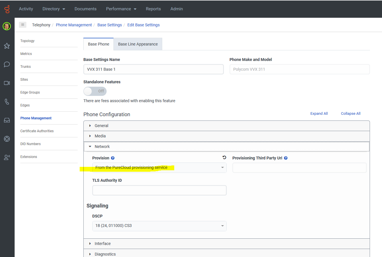 screen shot of Provision option