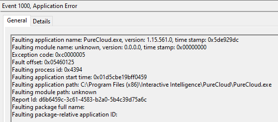 Event Viewer log of error