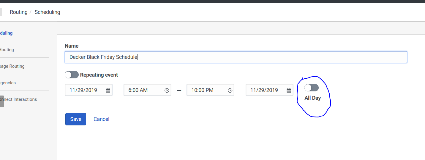 All Day toggle on a holiday schedule