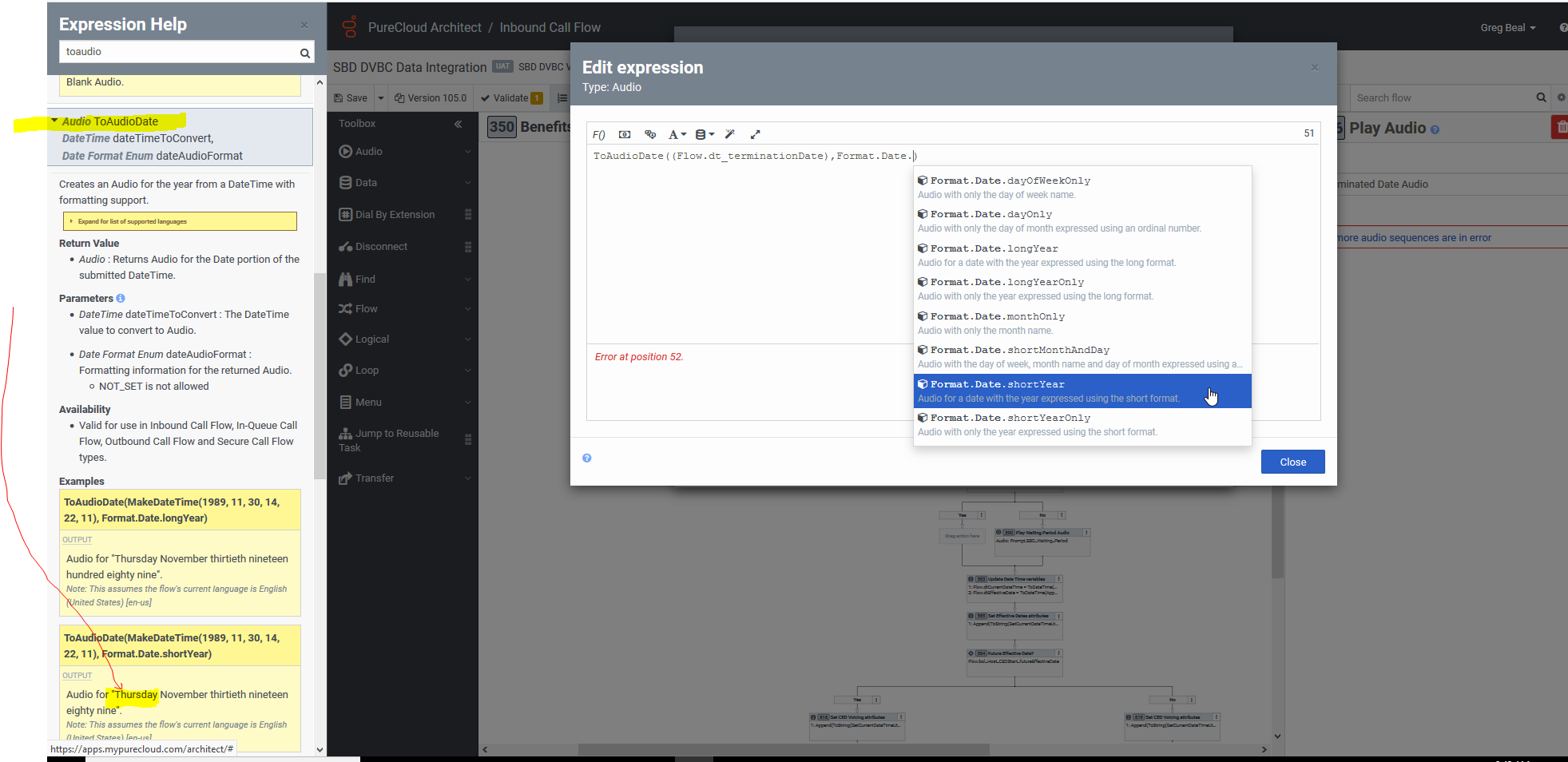 screen shot of Expression Help and ToAudioDate formats