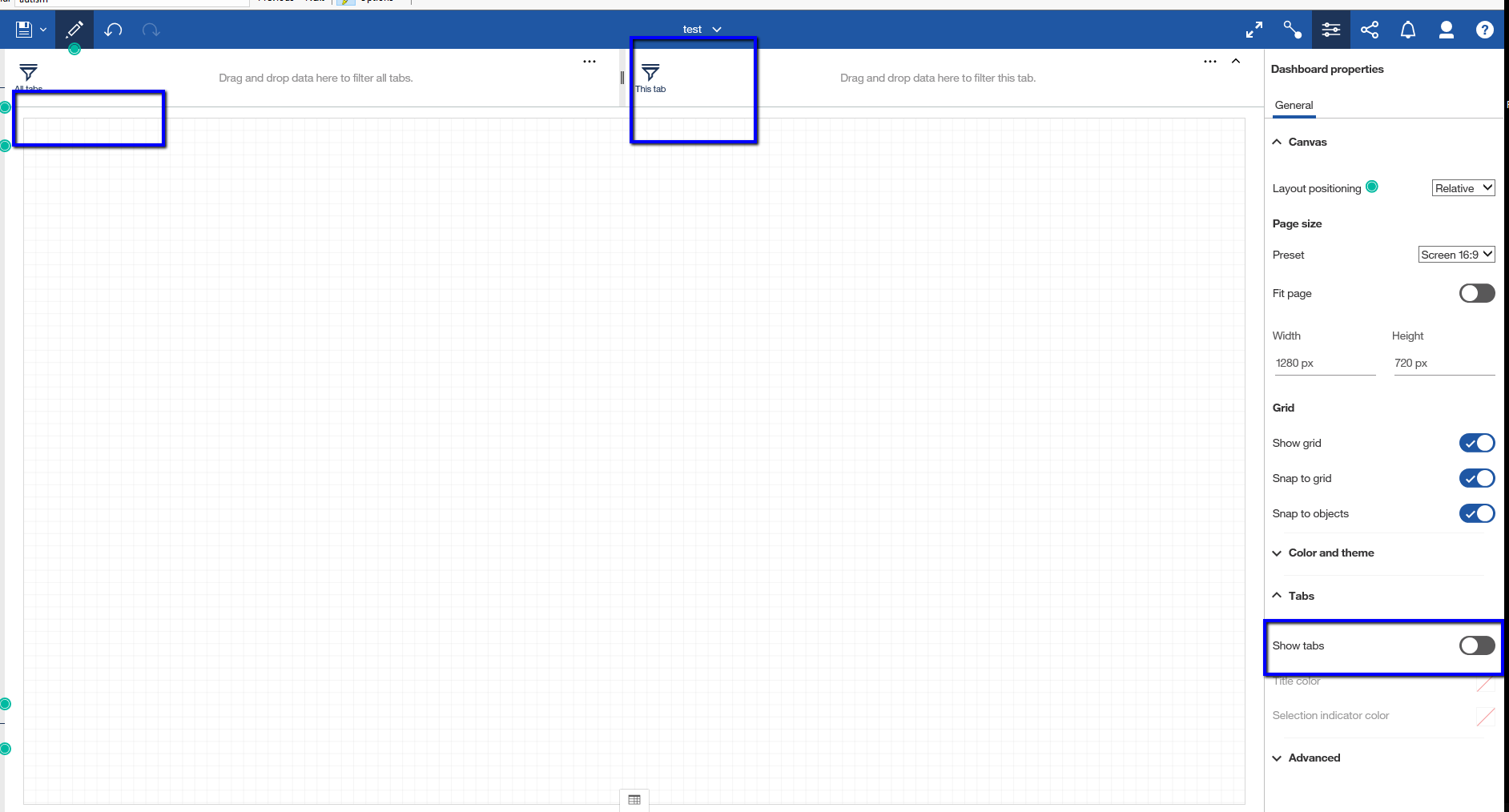 Dashboard with Show Tabs turned off