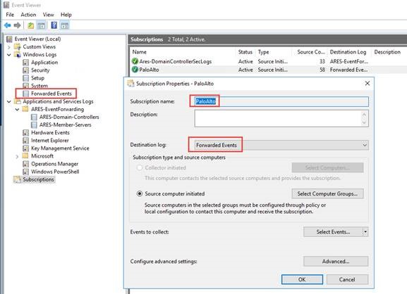 forwarded events Subscription: PaloAlto the Destination Log is