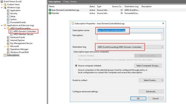 destination log option Subscription: Ares-DomainControllerSecLog the Destination Log is