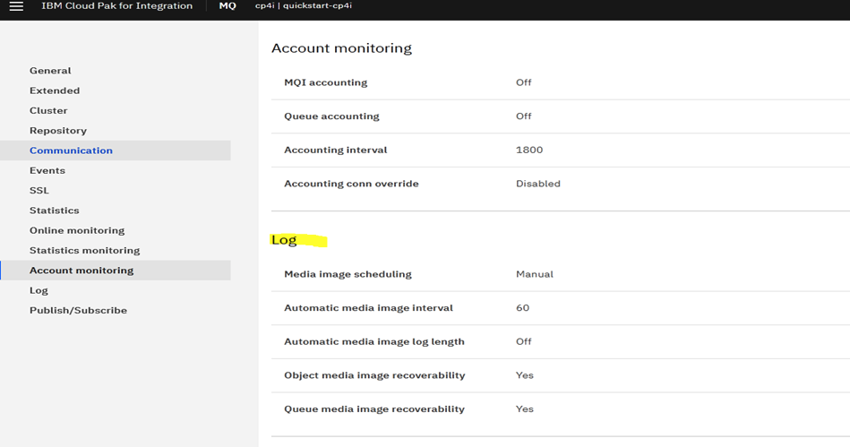 Altering the Log management properties for the QMGR object from the dashboard
