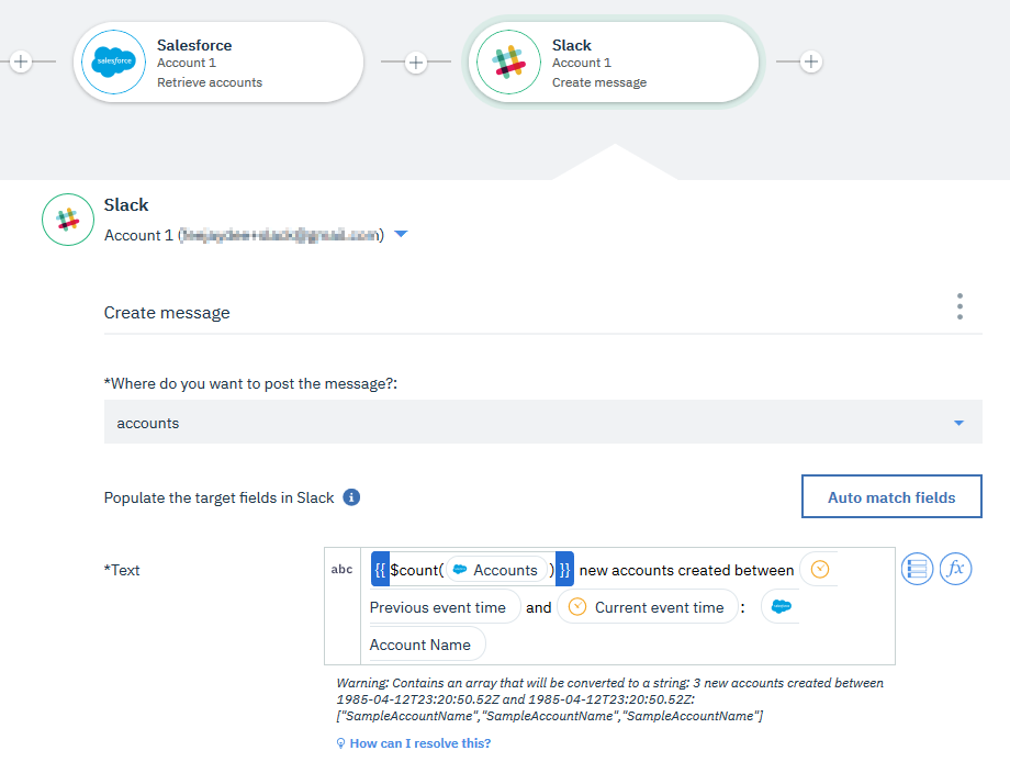 Slack settings for the Create message action