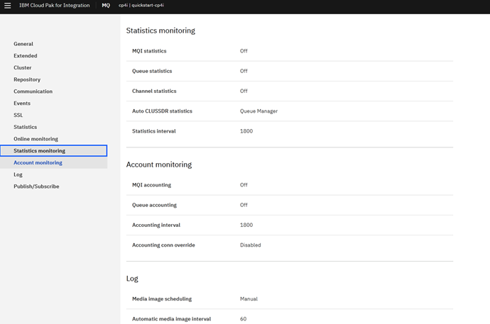 Statistics monitoring in the MQ dashboard for CP4I