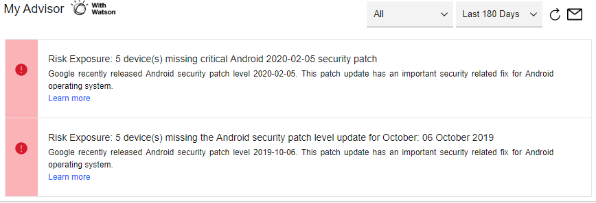 Shows missing security patches for android devices.
