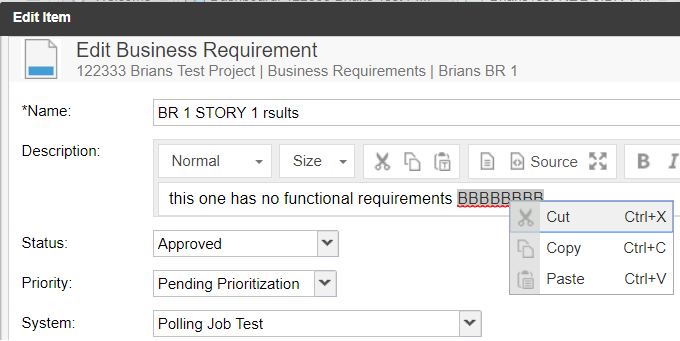 Editing Same Requirement Description box defaults to editor's context menu