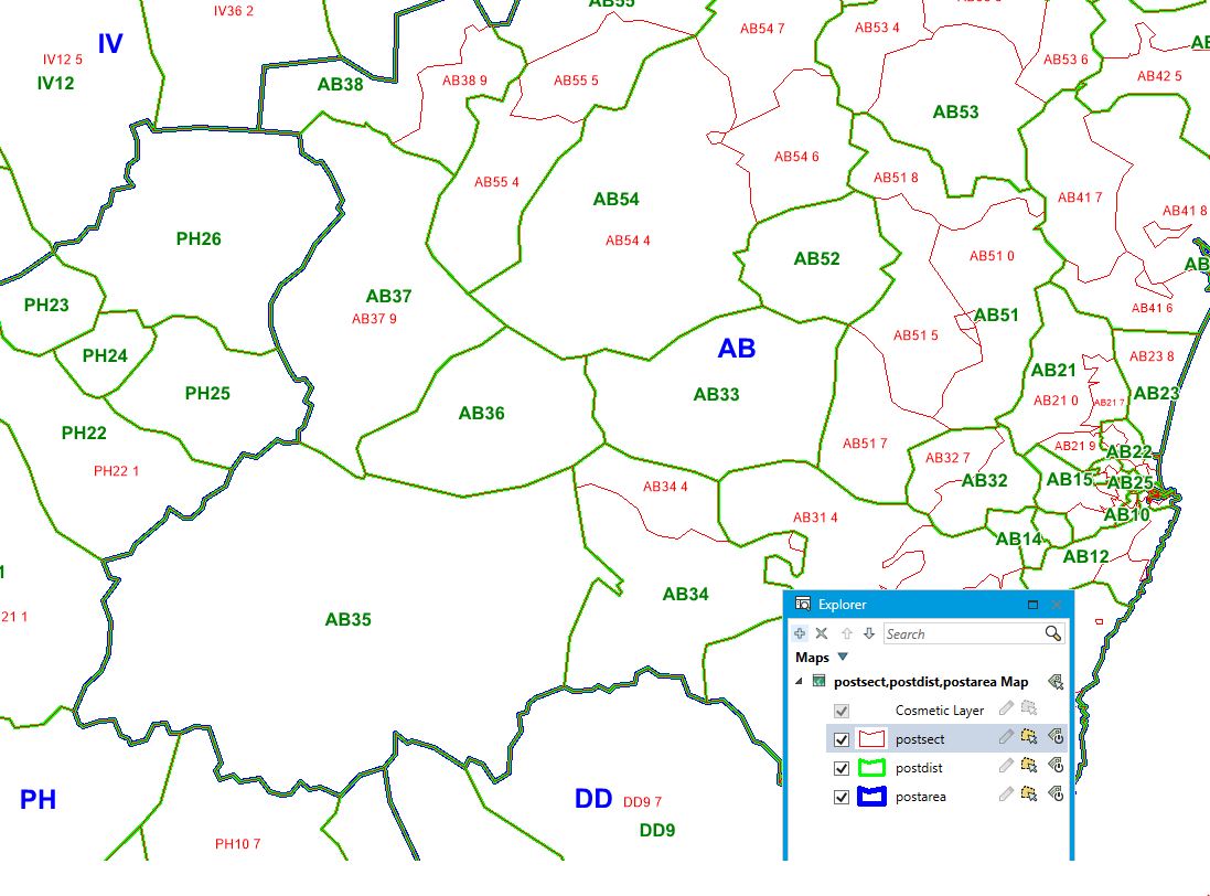 Examples of PostMap UK Postcode sectors, Districts and Areas