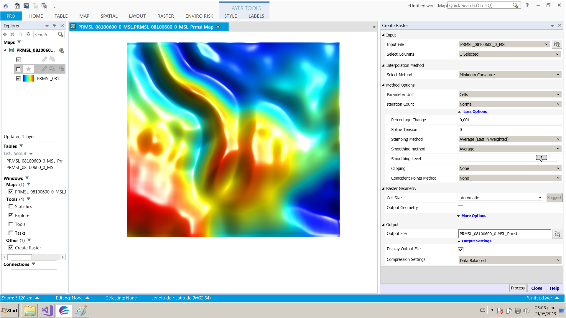Here you can see the result from the create raster operation (and the parameters used)