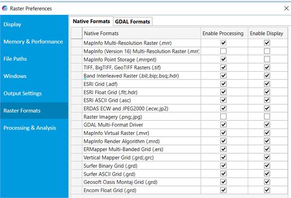 raster formats tab