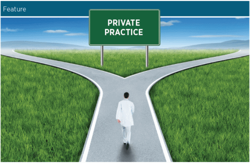 Crossroads-Private practice Doctor at a fork in the road with Private Practice sign