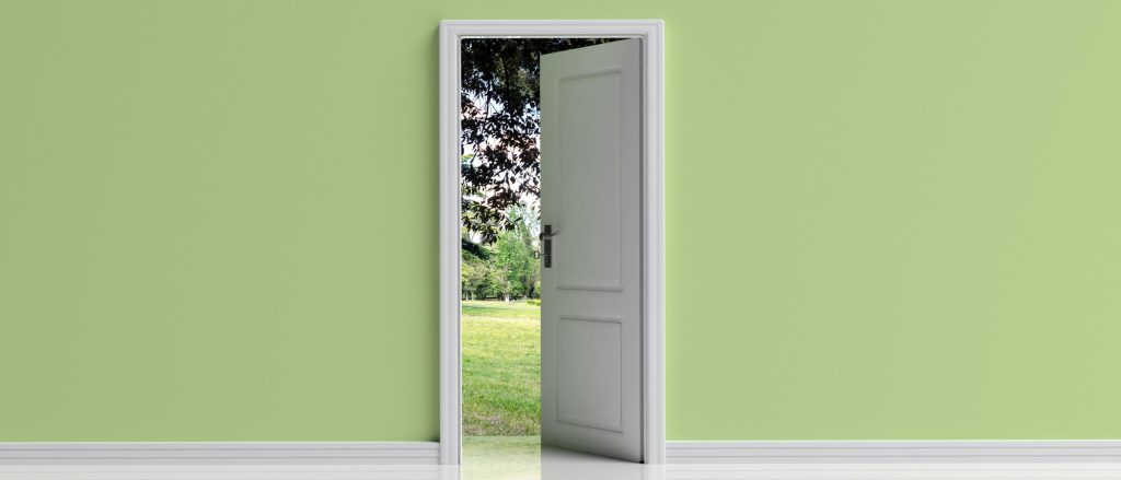 Open door on green pastel wall background, Park view out of the door opening, 3d illustration