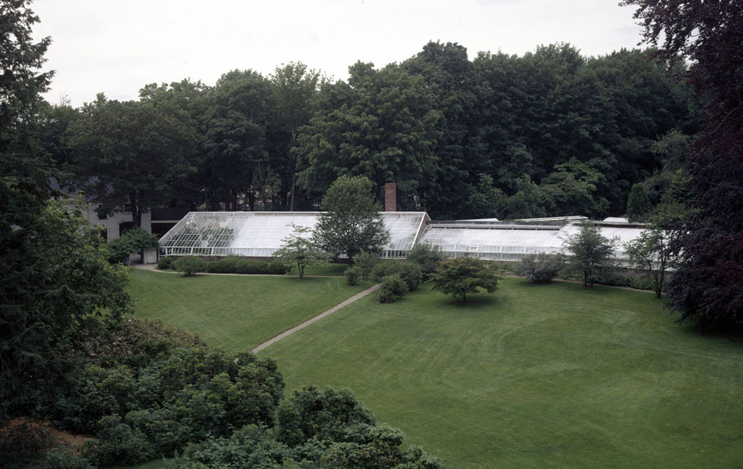 Lyman Estate, Waltham, MA. Greenhouses from above. Historic New England