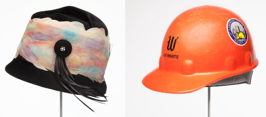 1960 hat with feathers and 1997 hard hat