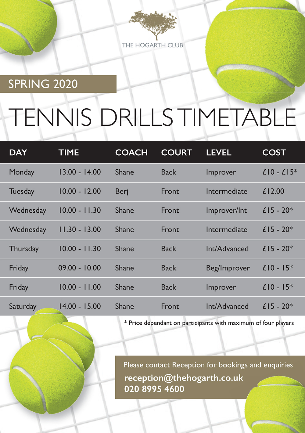 Tennis Timetables The Hogarth Club Chiswick West London