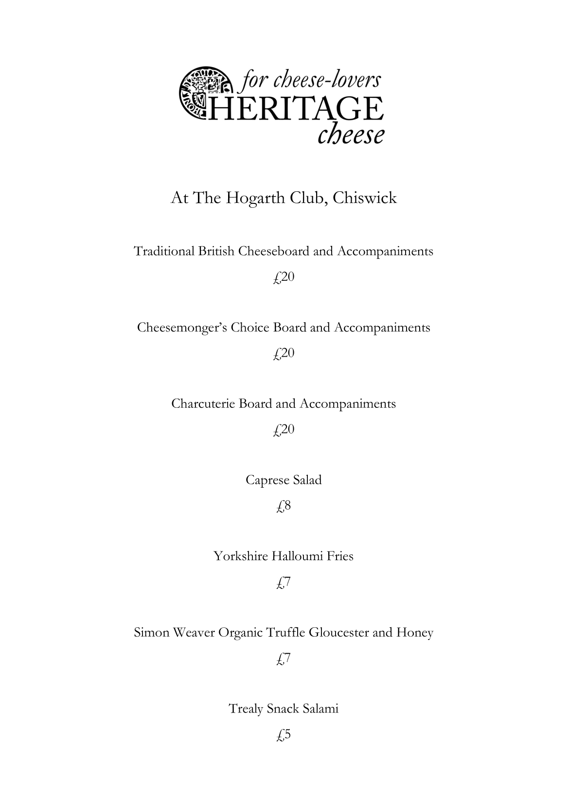 Heritage Cheese pop up at The Airedale menu