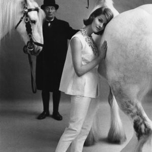 British Vogue, model with horses in studio