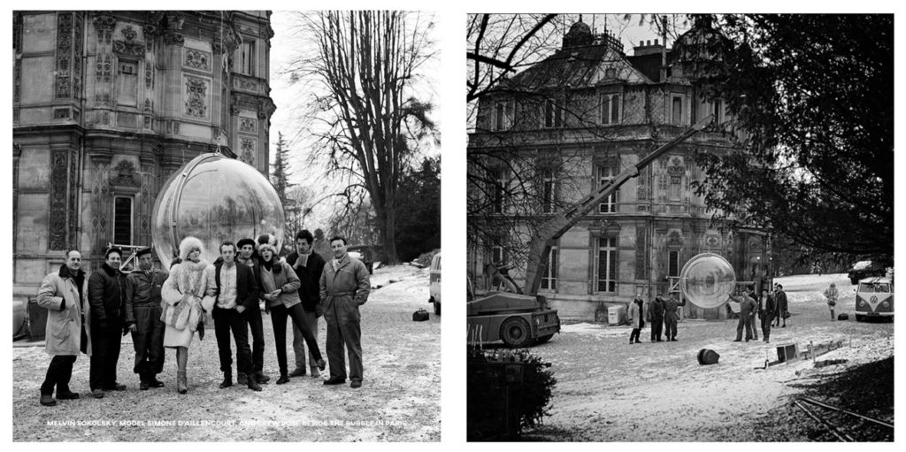 Melvin Sokolsky, Model Simone D'Aillencourt and crew pose beside the bubble in Paris