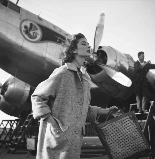 Georges Dambier, Sophie Litvak wearing coat and handbag by Jacques Fath, ELLE, 1953, Silver gelatin photograph Georges Dambier, Sophie Litvak wearing coat and handbag by Jacques Fath, ELLE, 1953, Silver gelatin photograph