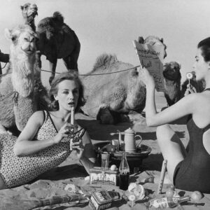 William Klein, Tatiana + Marie Rose + Camels, Picnic, Morocco, 1958, Silver gelatin photograph
