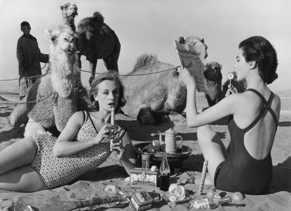 William Klein, Tatiana + Marie Rose + Camels, Picnic, Morocco, 1958, Silver gelatin photograph William Klein, Tatiana + Marie Rose + Camels, Picnic, Morocco, 1958, Silver gelatin photograph