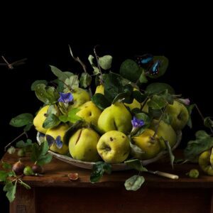 Paulette Tavormina, Orchard Quince & Blue Morning Glories, 2025, Infused dyes sublimated on aluminum