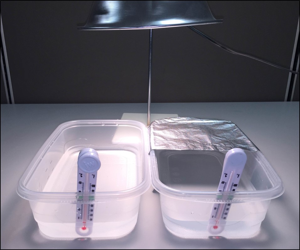 Photo of 2 plastic container positioned under a light. Each container is 1/4 filled with water and contains a thermometer. One of the containers if ½ covered with a piece of aluminum foil.