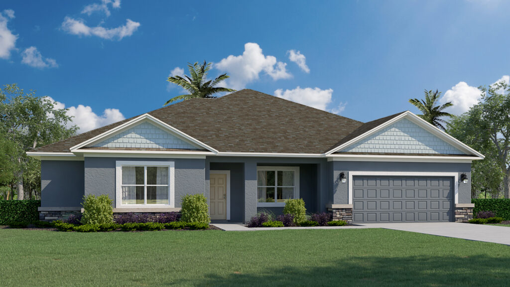 The 4 bedroom, 3 bath Cedar floorplan with stone trim from the Cornerstone Collection by Holiday Builders.