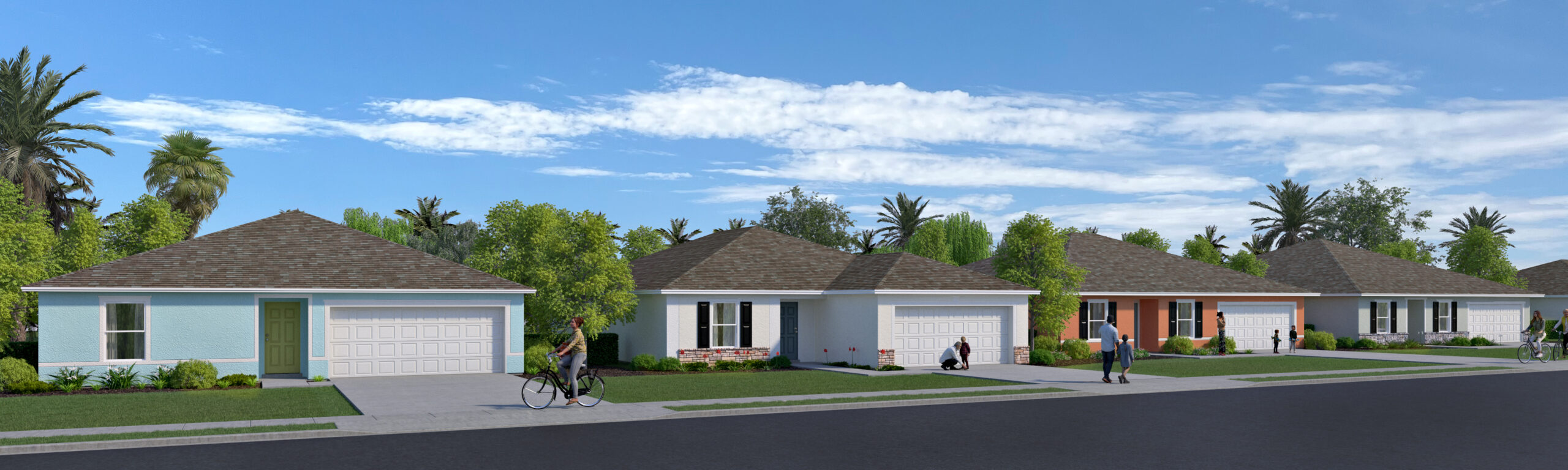 Rendering of a street scene featuring Value Collection homes by Holiday Builders