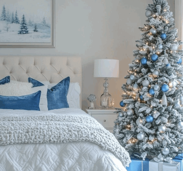 A home decorated with a blue Christmas theme