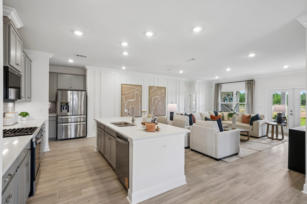 The Kitchen and Living Areas in the Santa Rosa Floorplan from the Cornerstone Collection