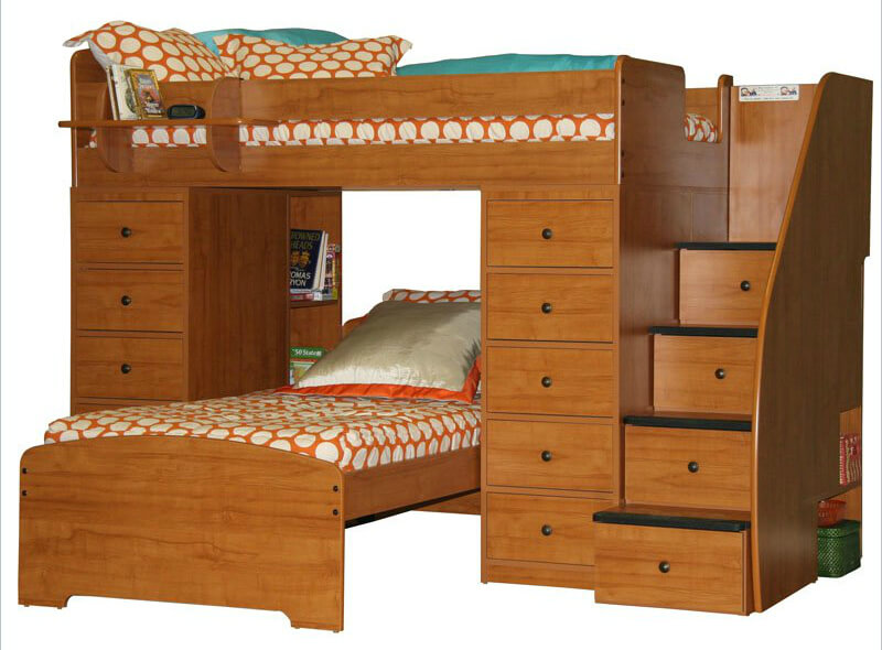 Space saving L-shaped bunk that's a twin over twin design with stairs and plenty of drawer space for storage. Rounded corners are used for additional safety. Space saving L-shaped bunk that's a twin over twin design with stairs and plenty of drawer space for storage. Rounded corners are used for additional safety.