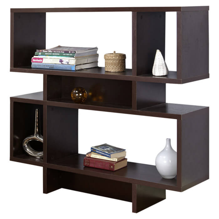 A 6-cube chocolate brown wood cube shelf.