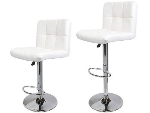 While this stool set doesn't have a high back, the backs are higher than most modern stool designs for added comfort. Like most modern stool designs, this armless stool is supported with a chrome pedestal style base. While this stool set doesn't have a high back, the backs are higher than most modern stool designs for added comfort. Like most modern stool designs, this armless stool is supported with a chrome pedestal style base.