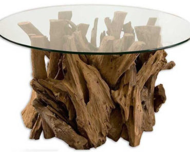 Featured coffee table image with wood base and glass top