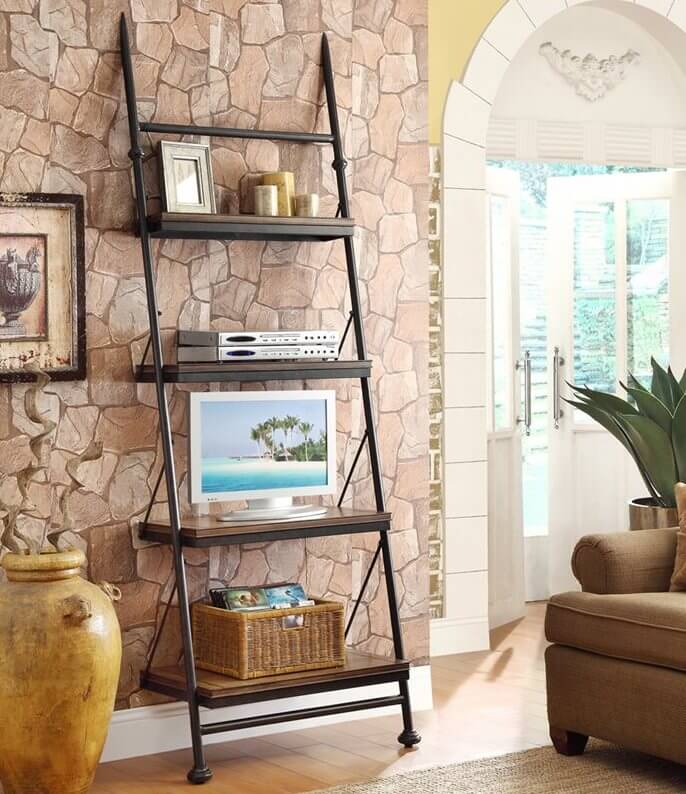 The leaning bookcase has a specialized design, dependent on balancing against a wall. The overall frame has a tilted look, while shelves stay horizontal when the frame is placed against a wall at the proper angle. The leaning bookcase has a specialized design, dependent on balancing against a wall. The overall frame has a tilted look, while shelves stay horizontal when the frame is placed against a wall at the proper angle.